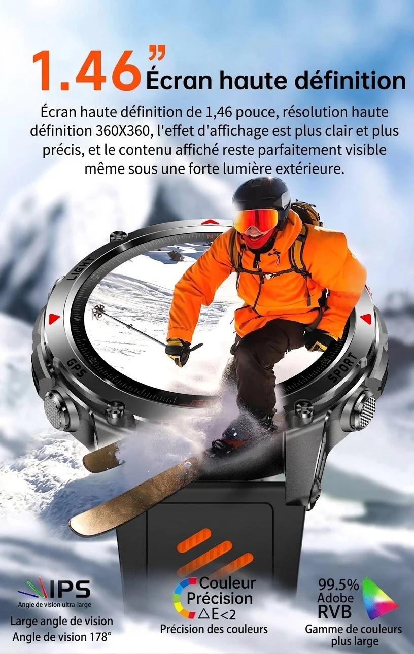 Montre connectée robuste pour l'extérieur avec écran rond HD, GPS et appels Bluetooth