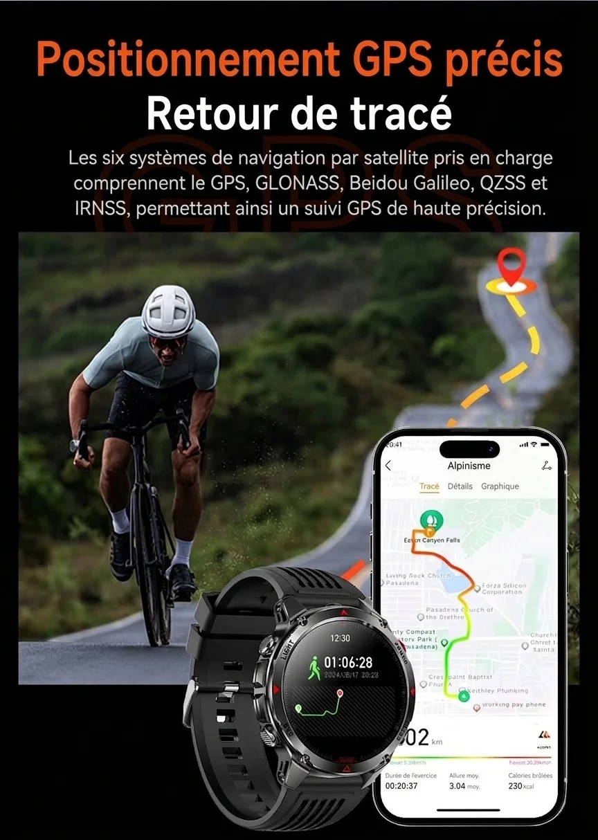 Montre connectée robuste pour l'extérieur avec écran rond HD, GPS et appels Bluetooth