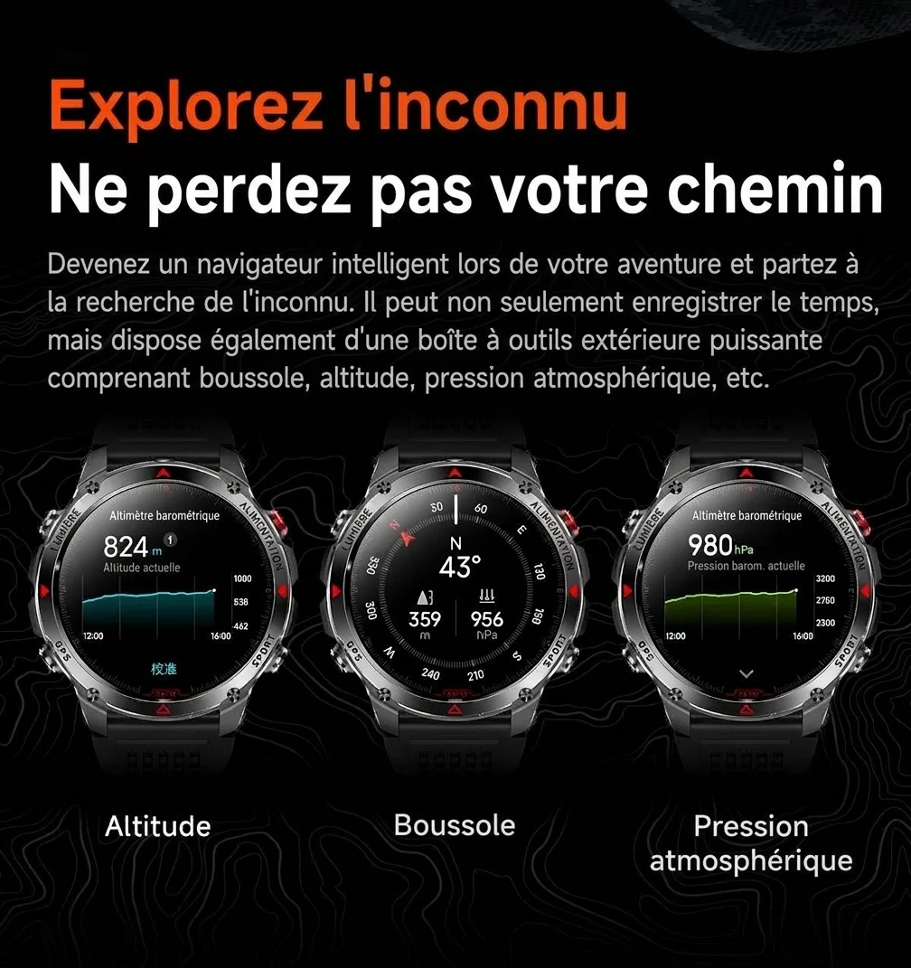Montre connectée robuste pour l'extérieur avec écran rond HD, GPS et appels Bluetooth