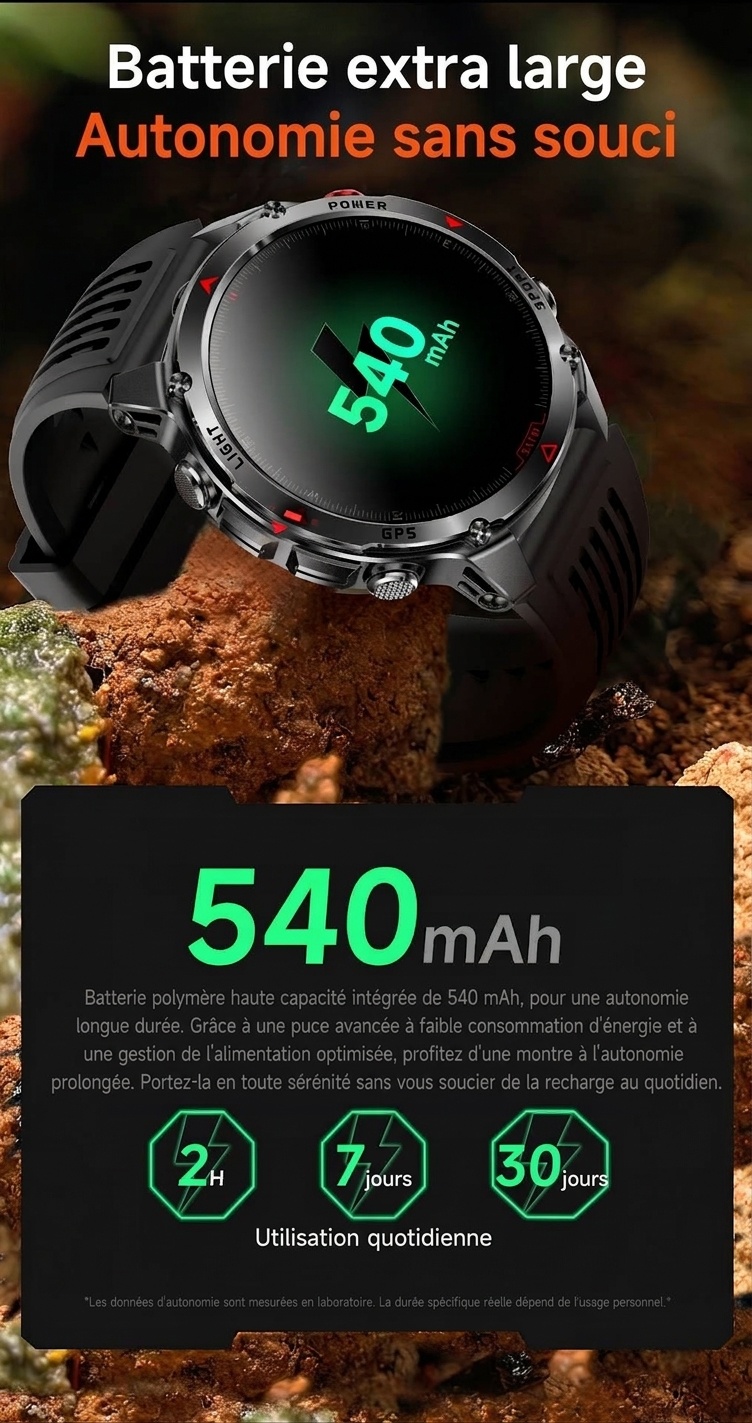 Montre connectée robuste pour l'extérieur avec écran rond HD, GPS et appels Bluetooth