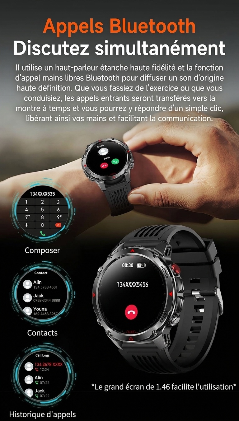 Montre connectée robuste pour l'extérieur avec écran rond HD, GPS et appels Bluetooth