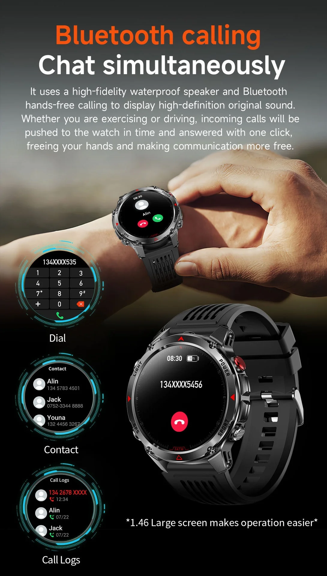 Robuste Outdoor-Smartwatch mit rundem HD-Display, GPS und Bluetooth-Anruffunktion