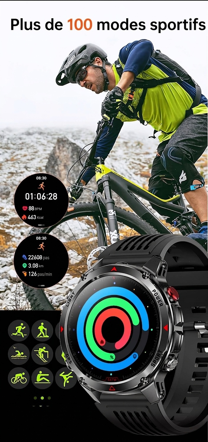 Montre connectée robuste pour l'extérieur avec écran rond HD, GPS et appels Bluetooth