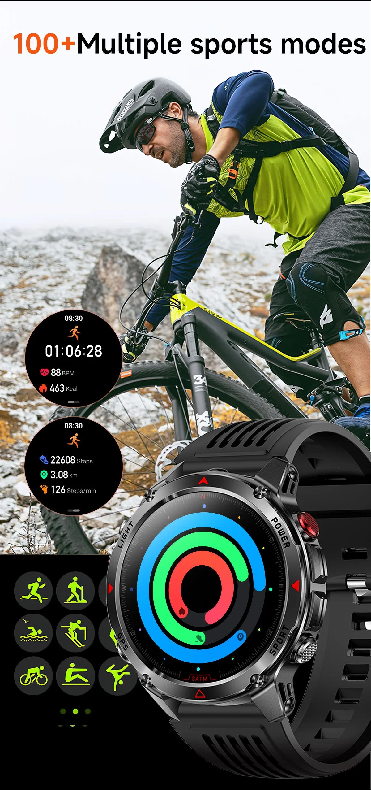 Robuste Outdoor-Smartwatch mit rundem HD-Display, GPS und Bluetooth-Anruffunktion