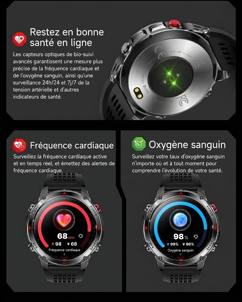 Montre connectée robuste pour l'extérieur avec écran rond HD, GPS et appels Bluetooth