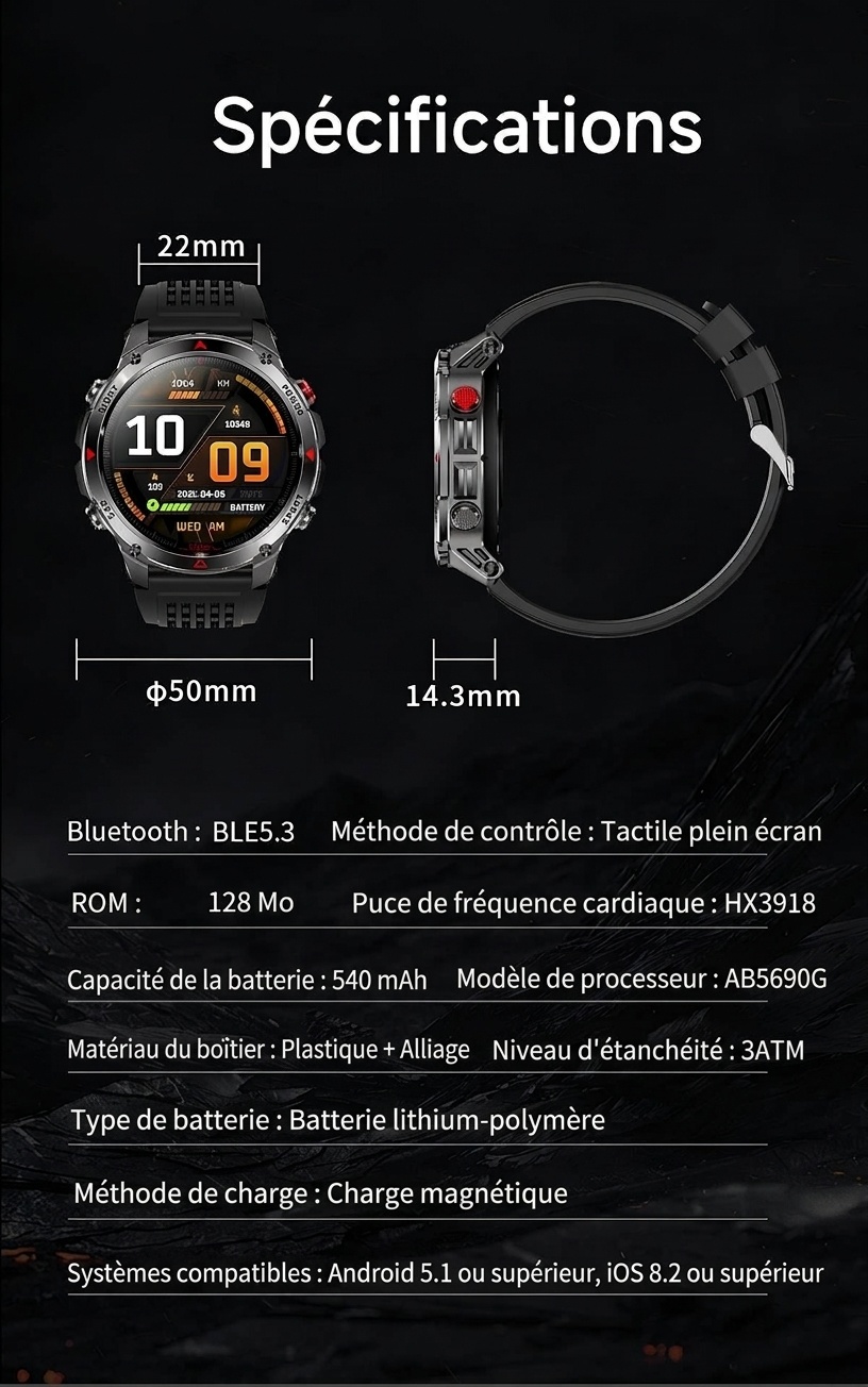 Montre connectée robuste pour l'extérieur avec écran rond HD, GPS et appels Bluetooth