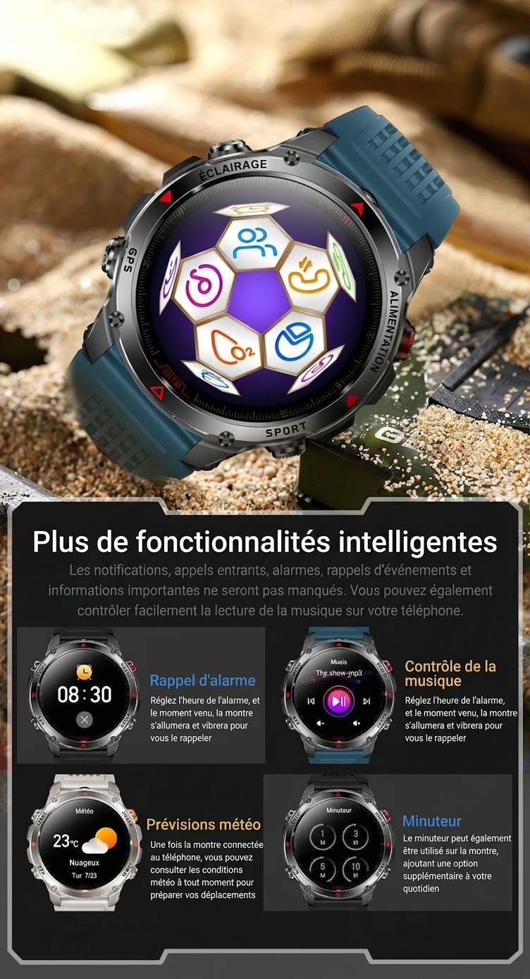 Montre connectée robuste pour l'extérieur avec écran rond HD, GPS et appels Bluetooth