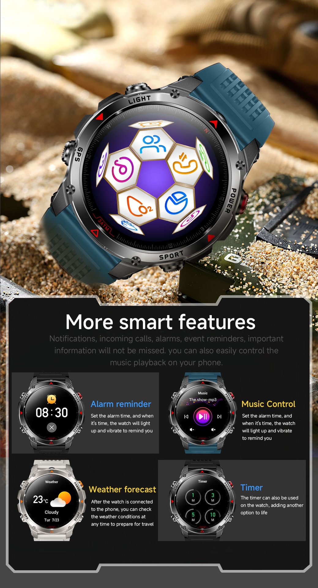 Robuste Outdoor-Smartwatch mit rundem HD-Display, GPS und Bluetooth-Anruffunktion