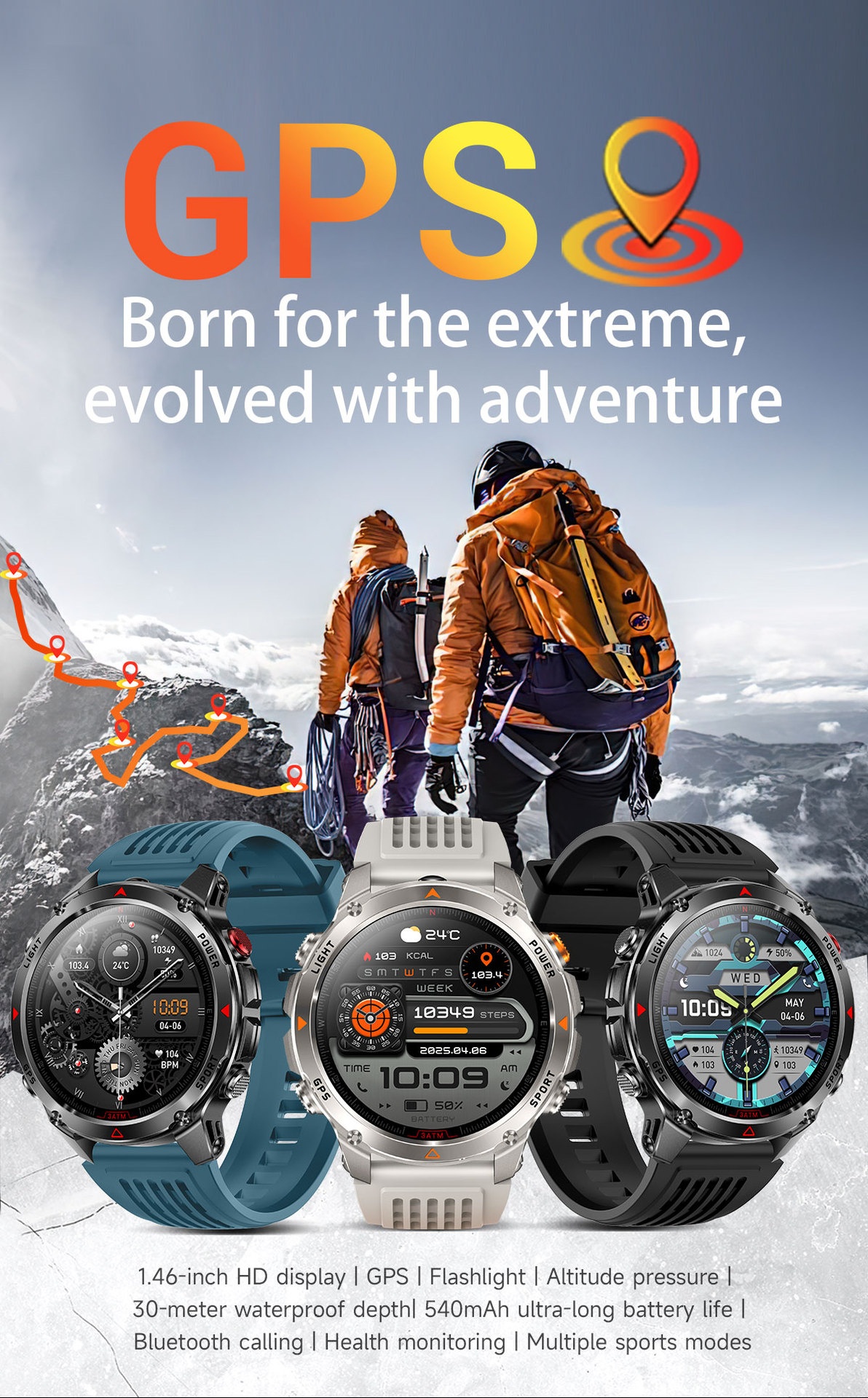 Robuste Outdoor-Smartwatch mit rundem HD-Display, GPS und Bluetooth-Anruffunktion