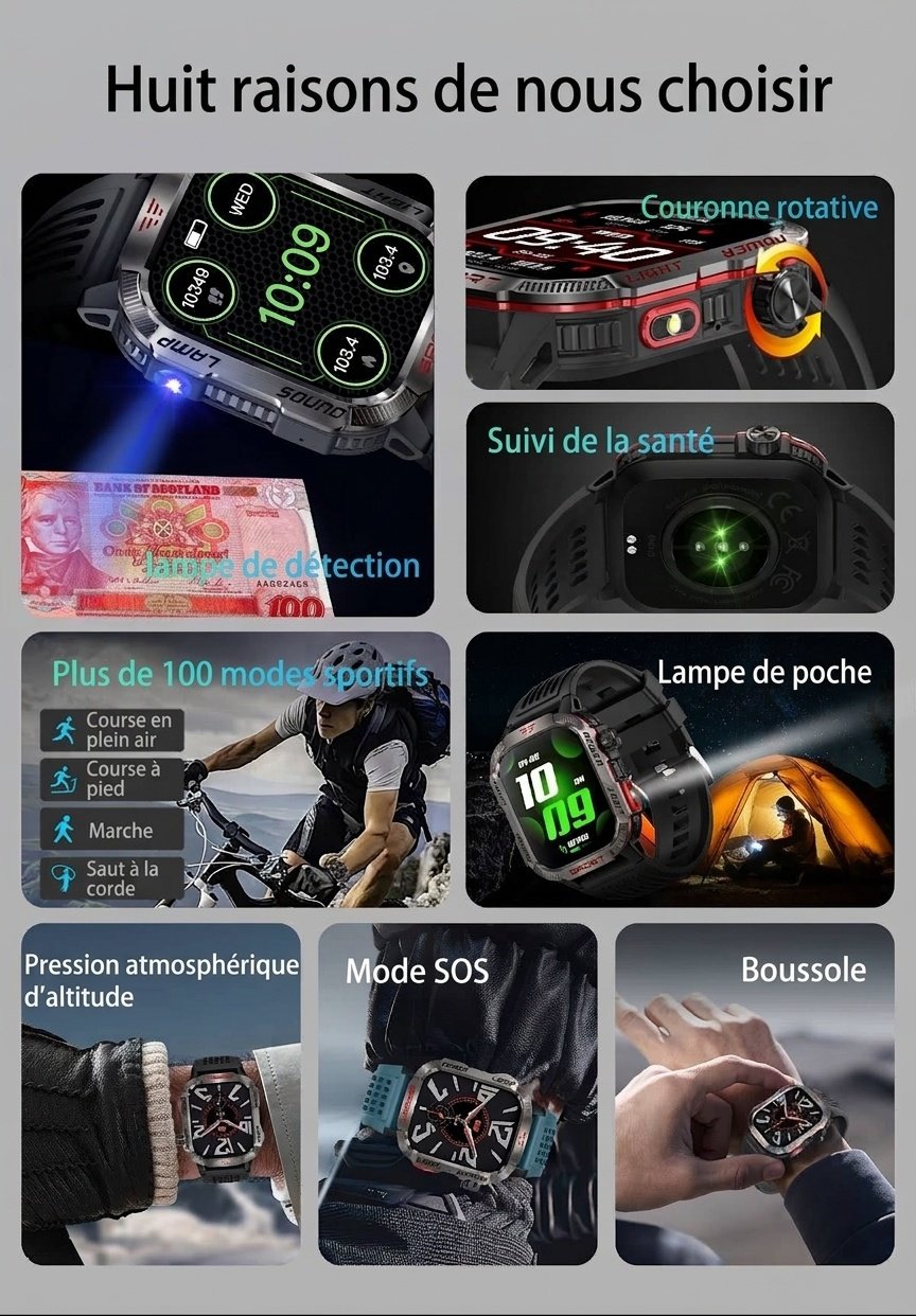 Montre connectée robuste HT29 avec écran AMOLED carré, GPS et boussole