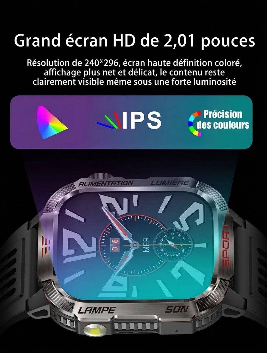 Montre connectée robuste HT29 avec écran AMOLED carré, GPS et boussole