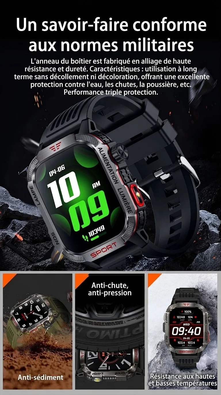 Montre connectée robuste HT29 avec écran AMOLED carré, GPS et boussole