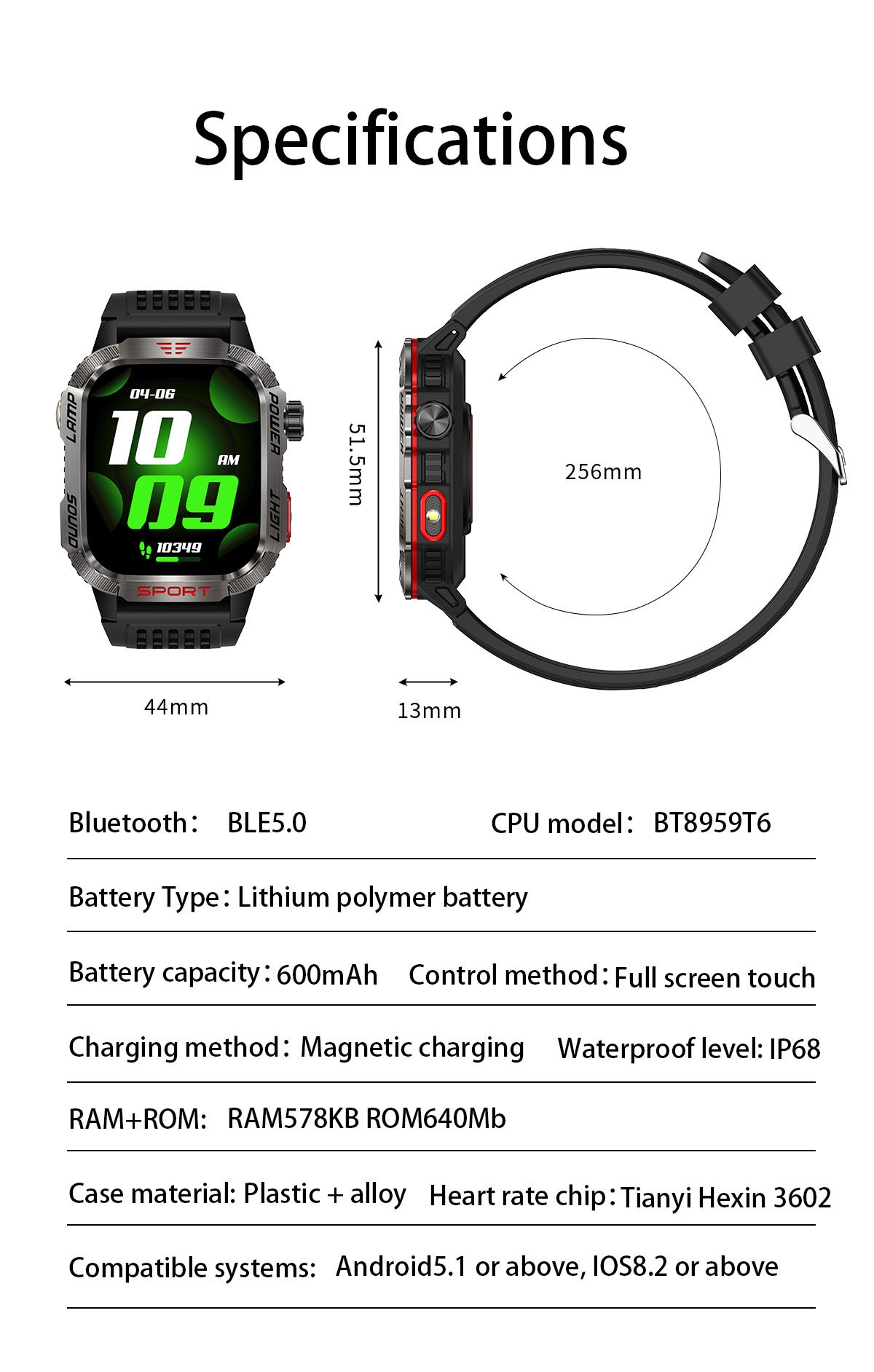HT29 Rugged Smart Watch with Square AMOLED Display, GPS & Compass