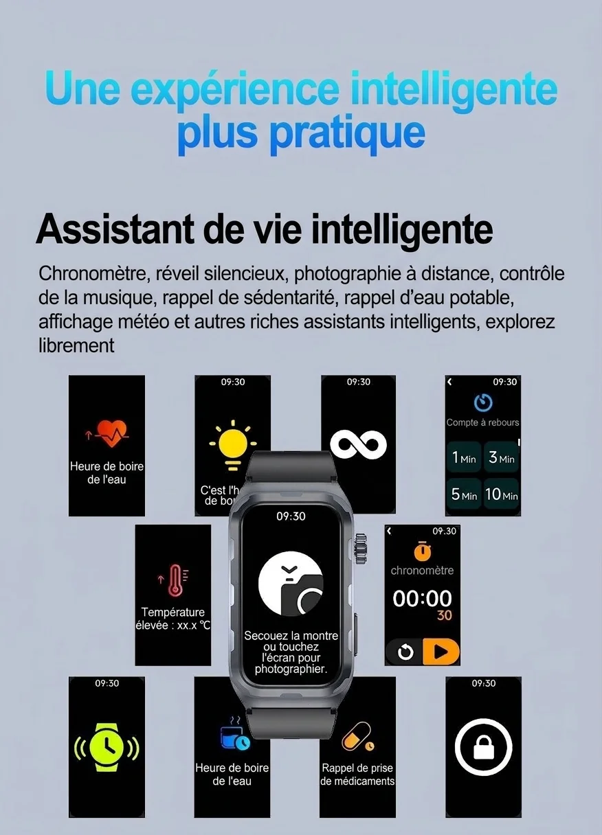 Montre connectée TK79 avec ECG, écran AMOLED rectangulaire et suivi de santé