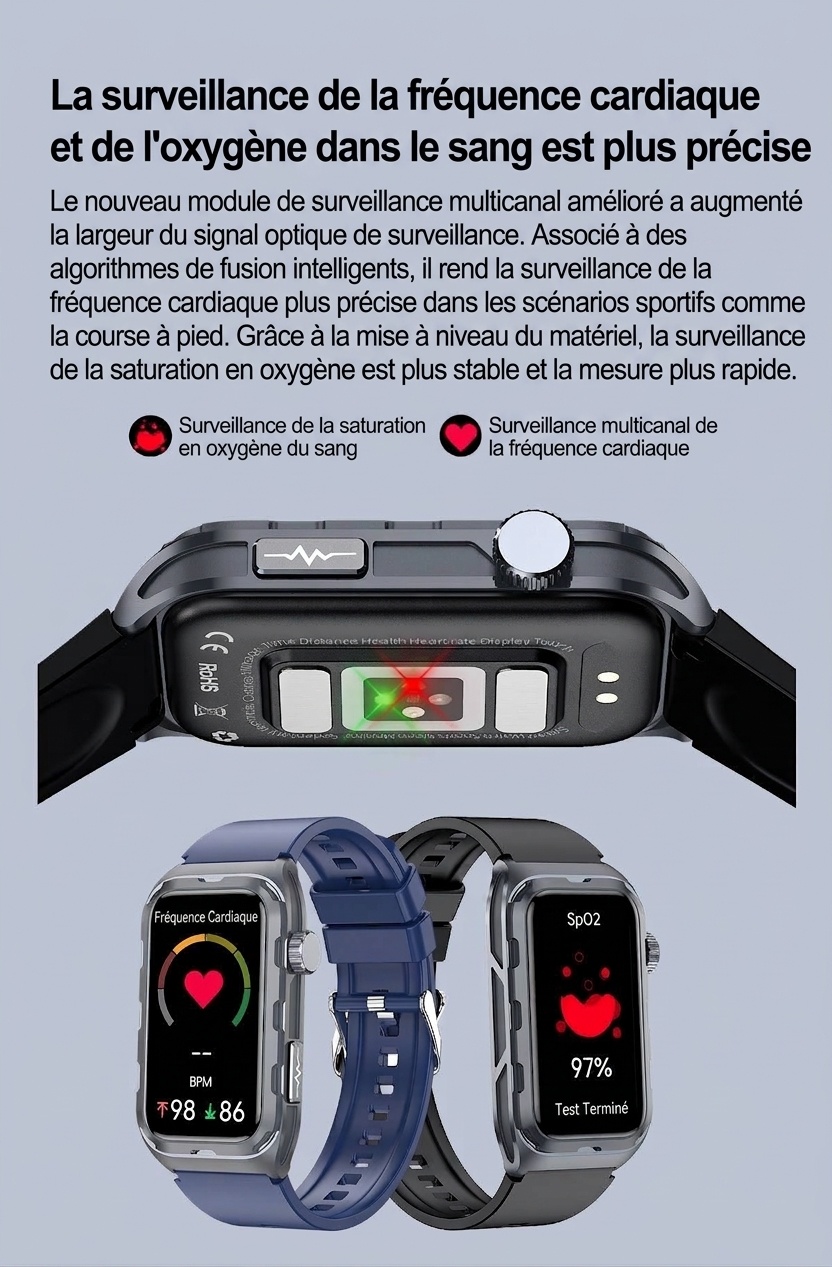 Montre connectée TK79 avec ECG, écran AMOLED rectangulaire et suivi de santé