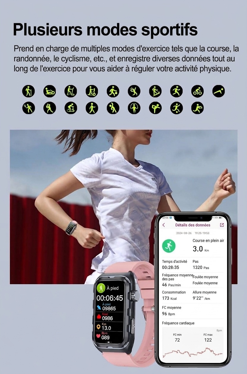 Montre connectée TK79 avec ECG, écran AMOLED rectangulaire et suivi de santé