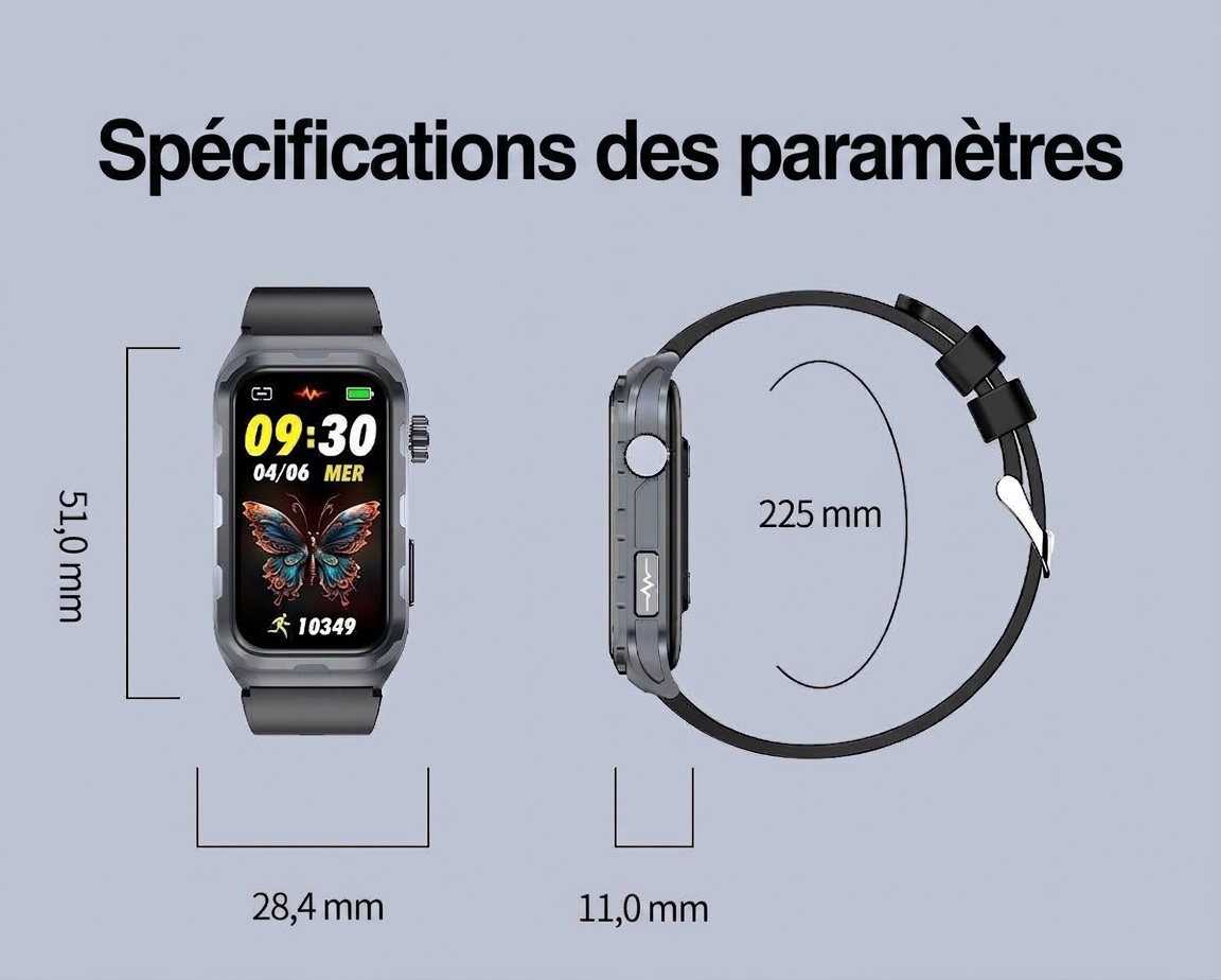 Montre connectée TK79 avec ECG, écran AMOLED rectangulaire et suivi de santé