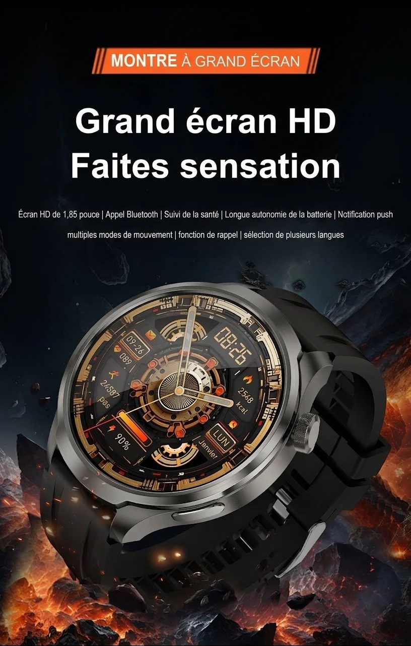 Montre connectée ronde HD de 1,85 pouce avec appels Bluetooth et assistant vocal IA