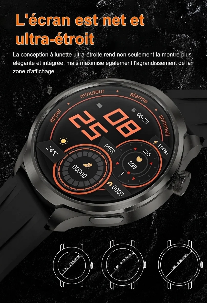 Montre connectée ronde HD de 1,85 pouce avec appels Bluetooth et assistant vocal IA