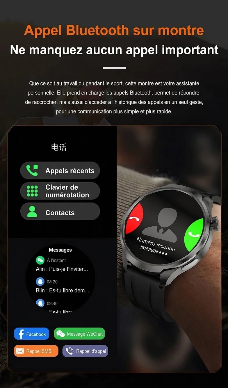 Montre connectée ronde HD de 1,85 pouce avec appels Bluetooth et assistant vocal IA