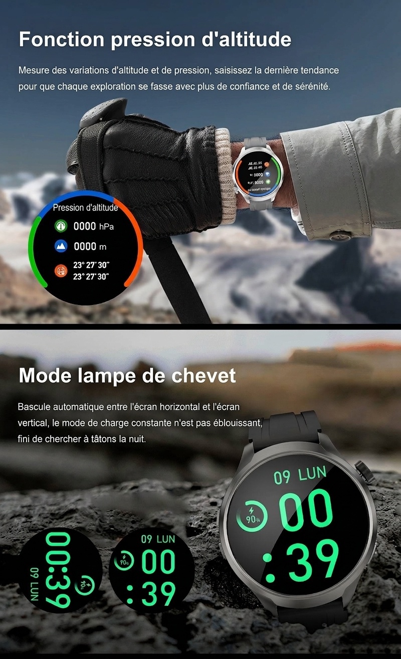Montre connectée ronde HD de 1,85 pouce avec appels Bluetooth et assistant vocal IA