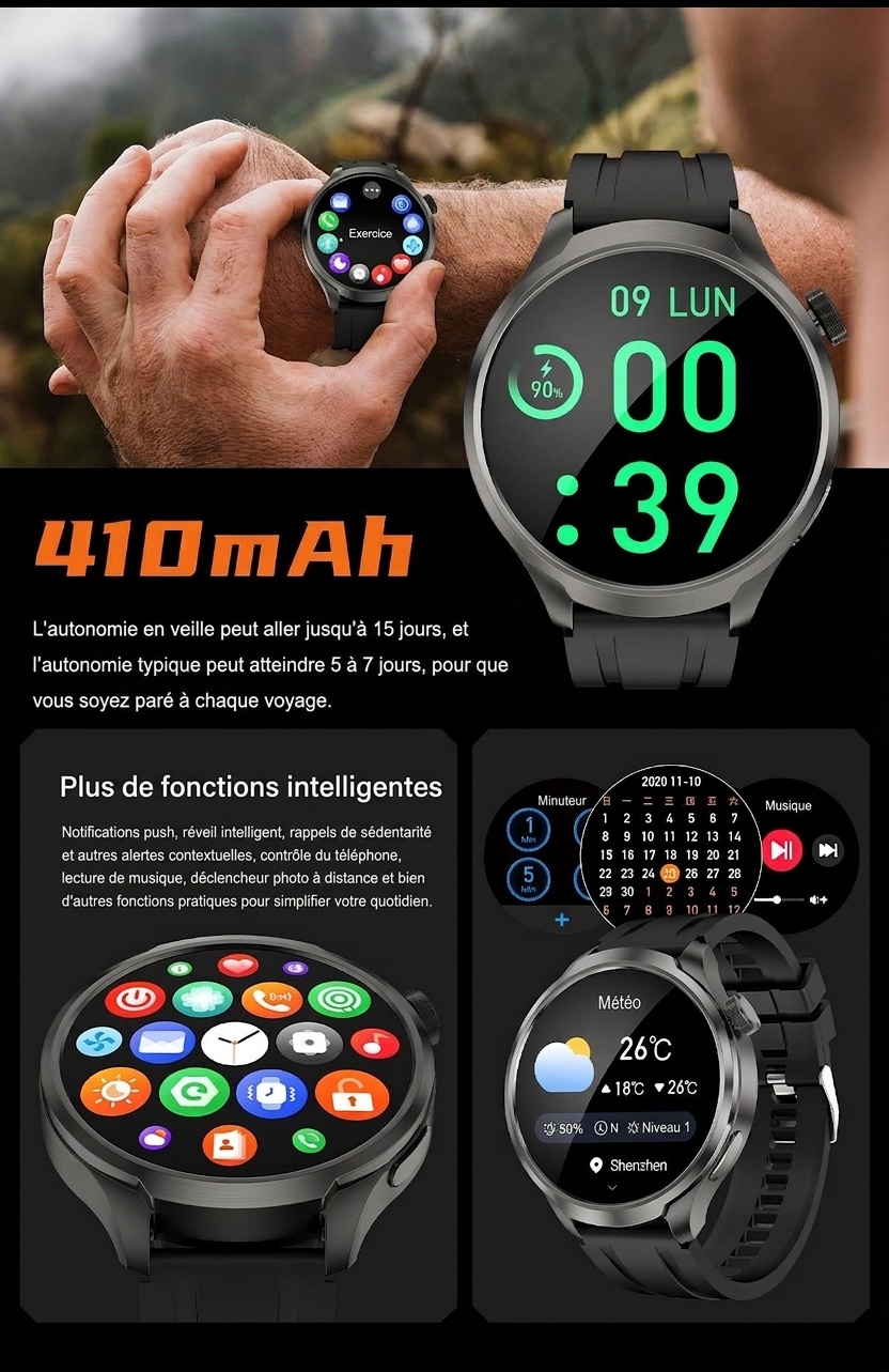 Montre connectée ronde HD de 1,85 pouce avec appels Bluetooth et assistant vocal IA