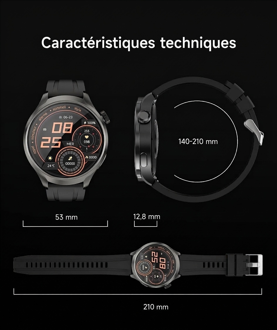 Montre connectée ronde HD de 1,85 pouce avec appels Bluetooth et assistant vocal IA