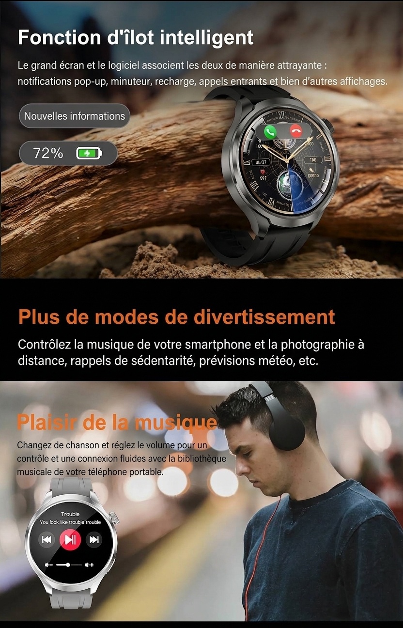 Montre connectée ronde HD de 1,85 pouce avec appels Bluetooth et assistant vocal IA