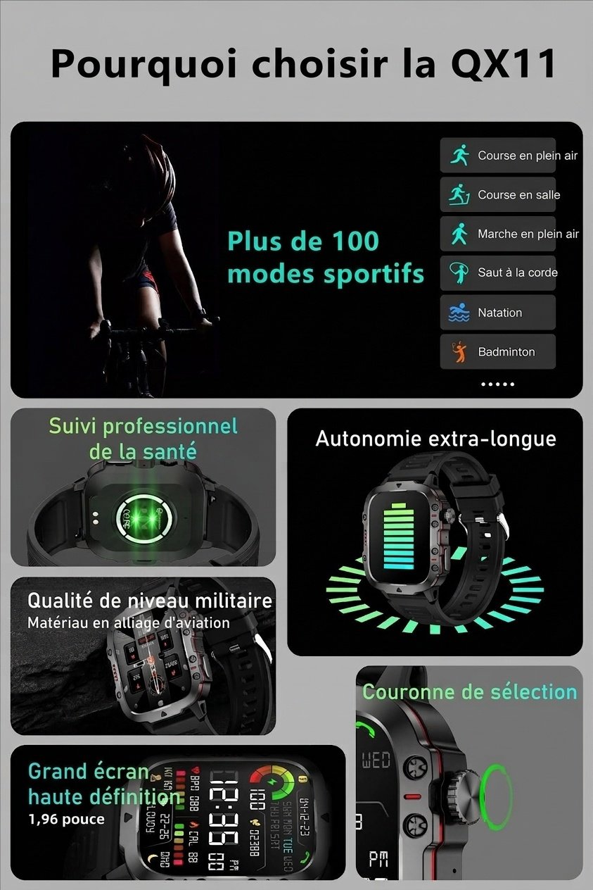 Montre connectée robuste QX11 avec écran carré, GPS et appels Bluetooth