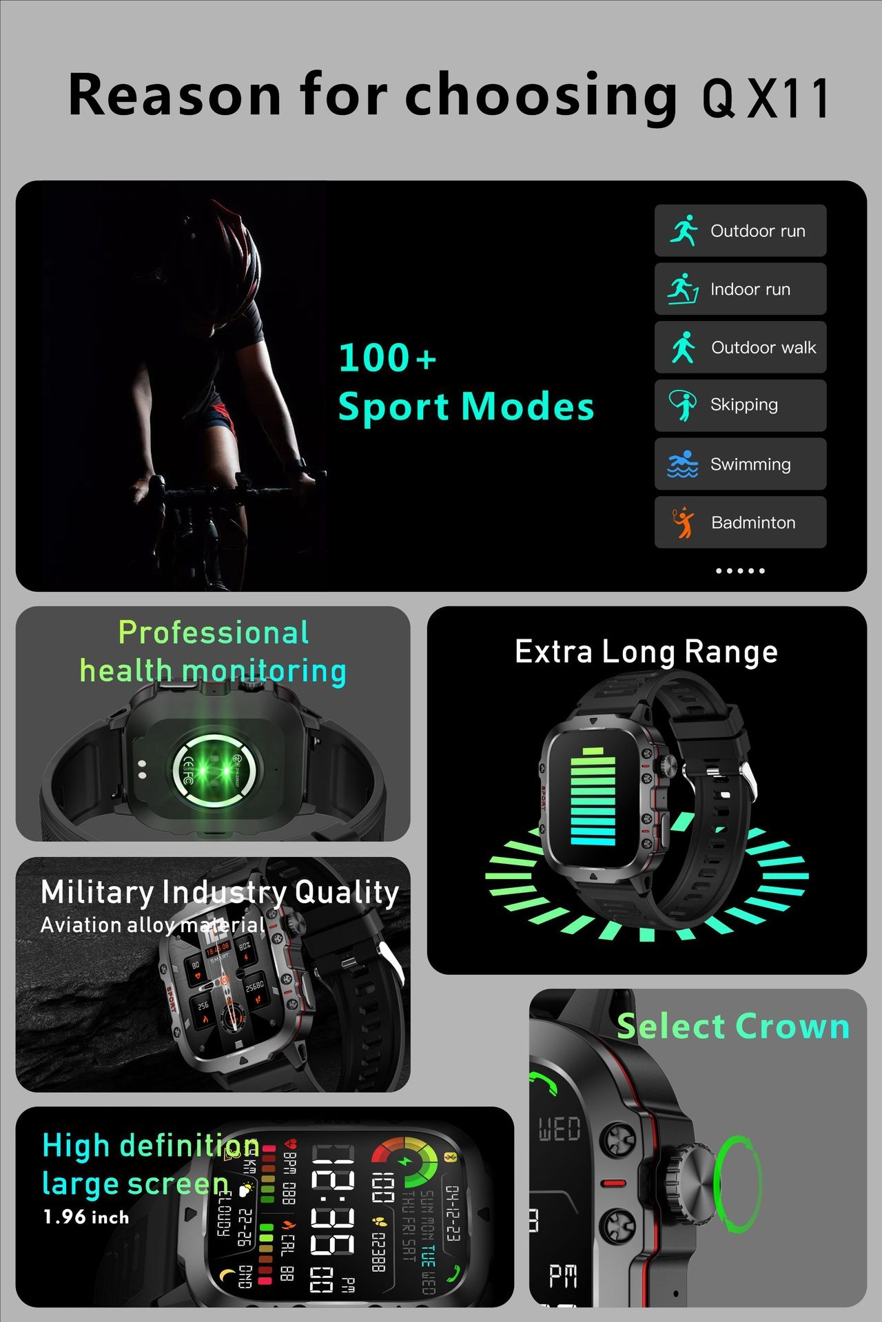 QX11 Rugged Smart Watch with Square Display, GPS & Bluetooth Calling