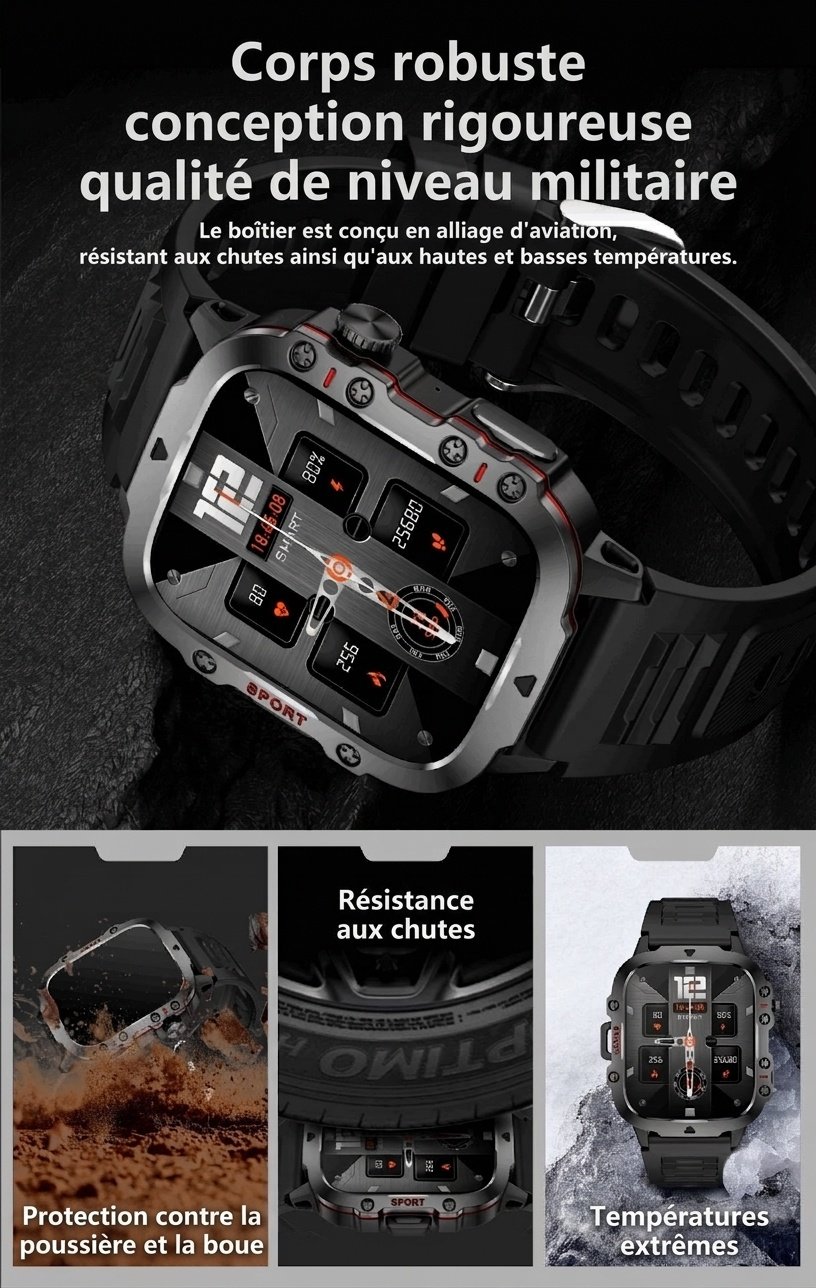Montre connectée robuste QX11 avec écran carré, GPS et appels Bluetooth