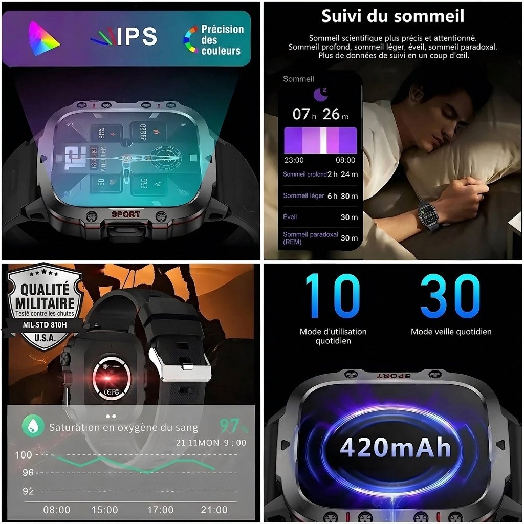 Montre connectée robuste QX11 avec écran carré, GPS et appels Bluetooth