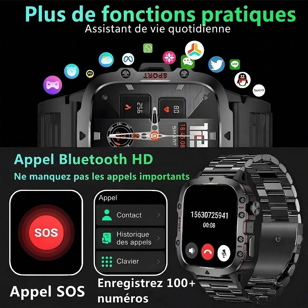 Montre connectée robuste QX11 avec écran carré, GPS et appels Bluetooth