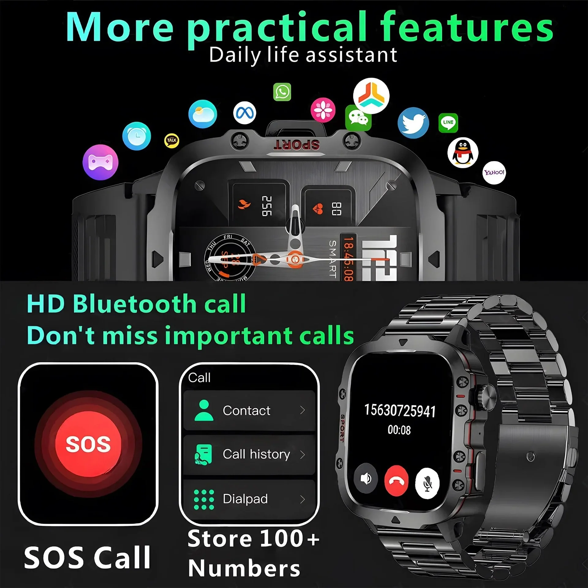 QX11 Rugged Smart Watch with Square Display, GPS & Bluetooth Calling