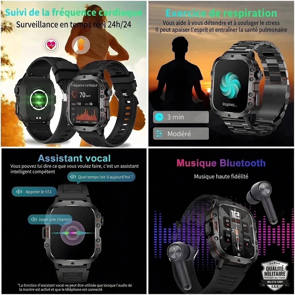 Montre connectée robuste QX11 avec écran carré, GPS et appels Bluetooth