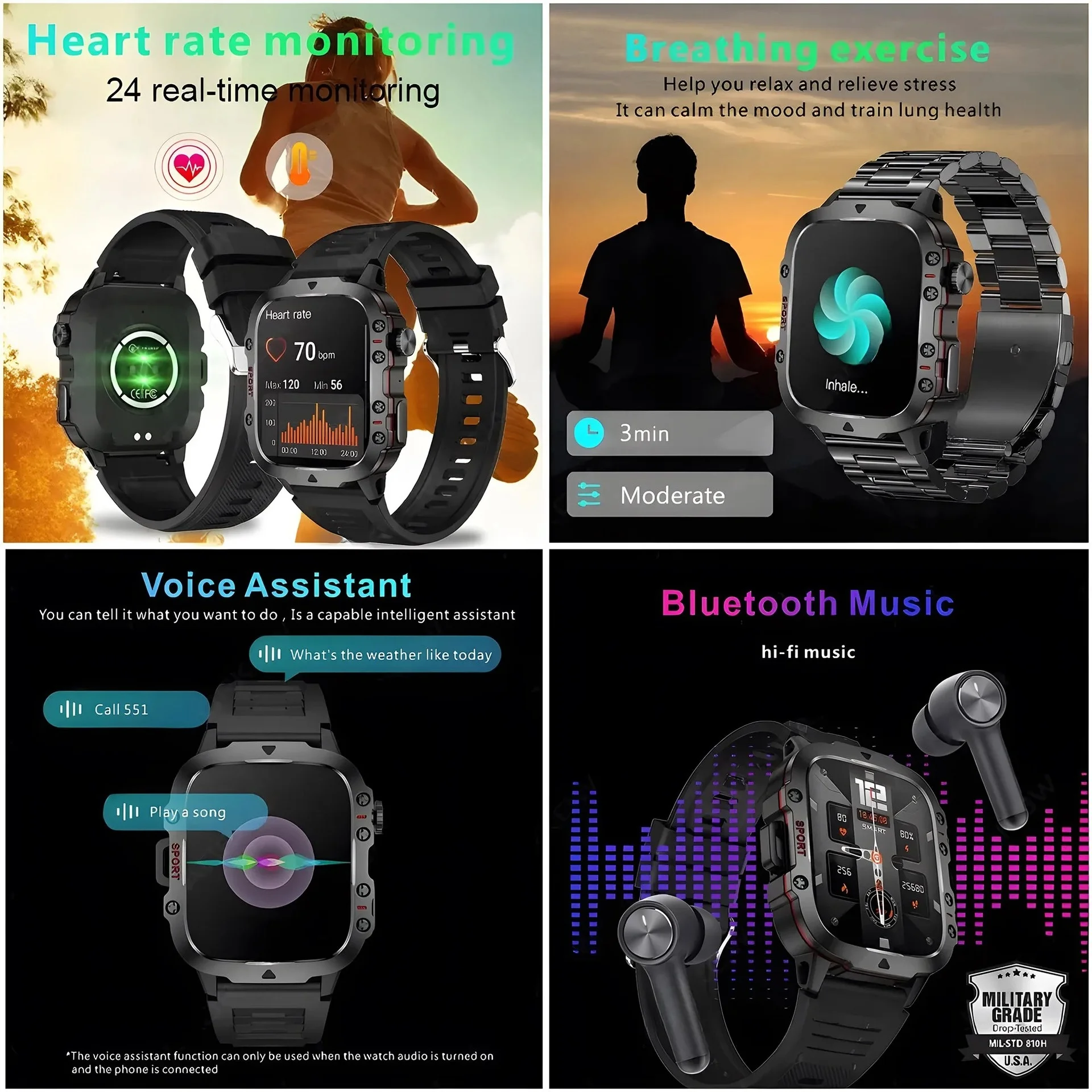 QX11 Rugged Smart Watch with Square Display, GPS & Bluetooth Calling
