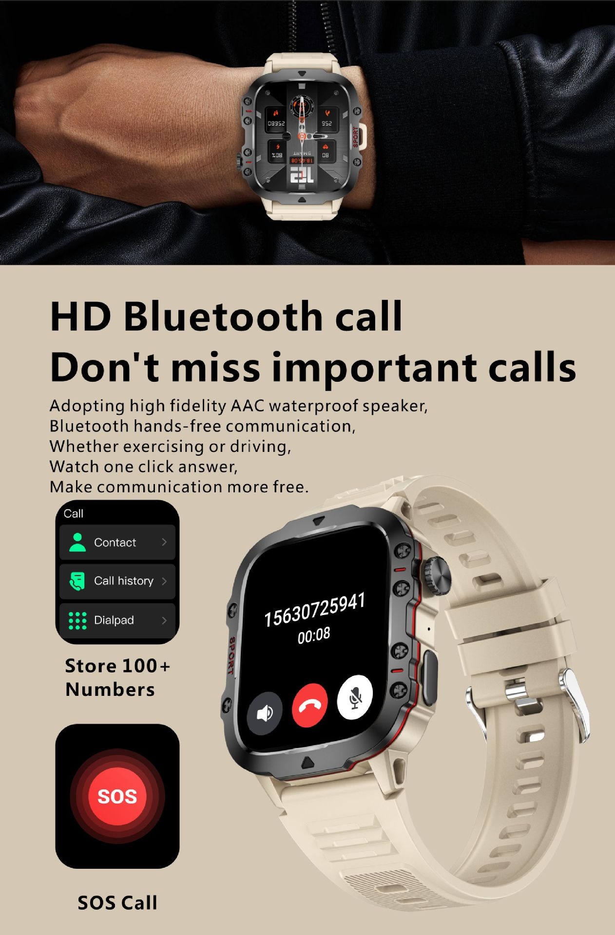 QX11 Rugged Smart Watch with Square Display, GPS & Bluetooth Calling