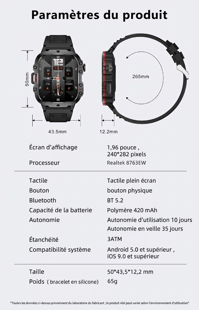 Montre connectée robuste QX11 avec écran carré, GPS et appels Bluetooth
