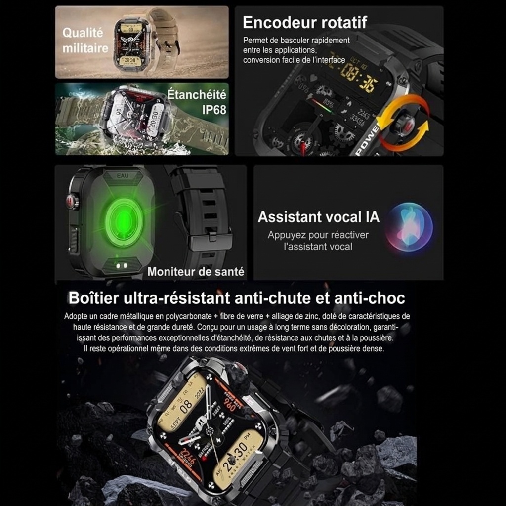 Montre connectée robuste MK66 avec écran HD de 1,85 pouce et appels Bluetooth