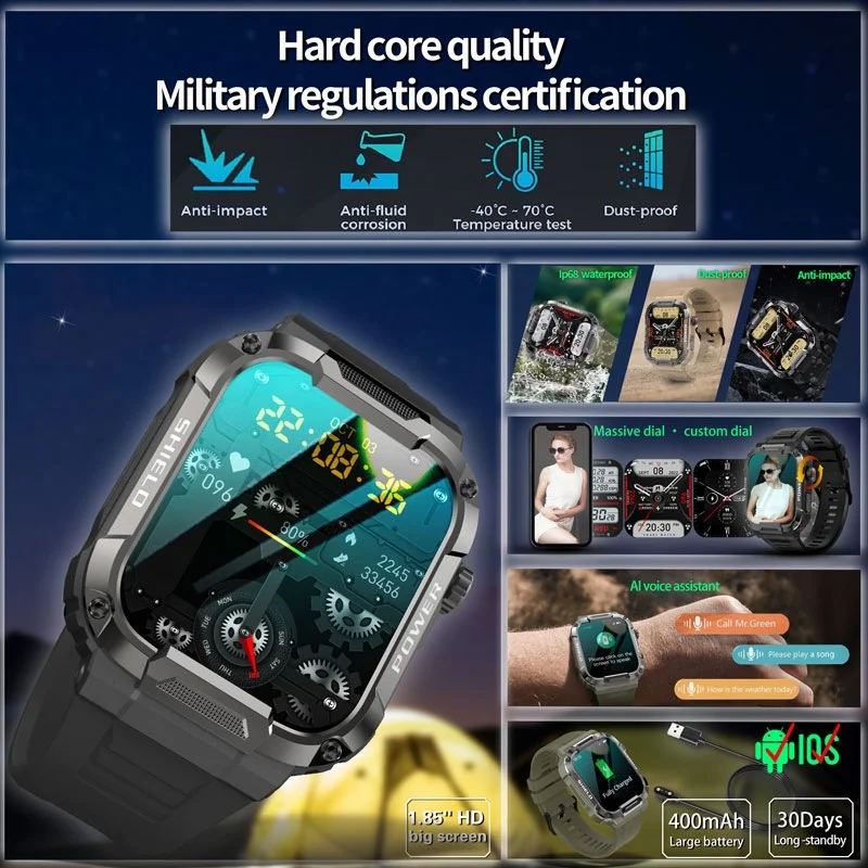 MK66 Rugged Smart Watch with 1.85" HD Screen & Bluetooth Calling