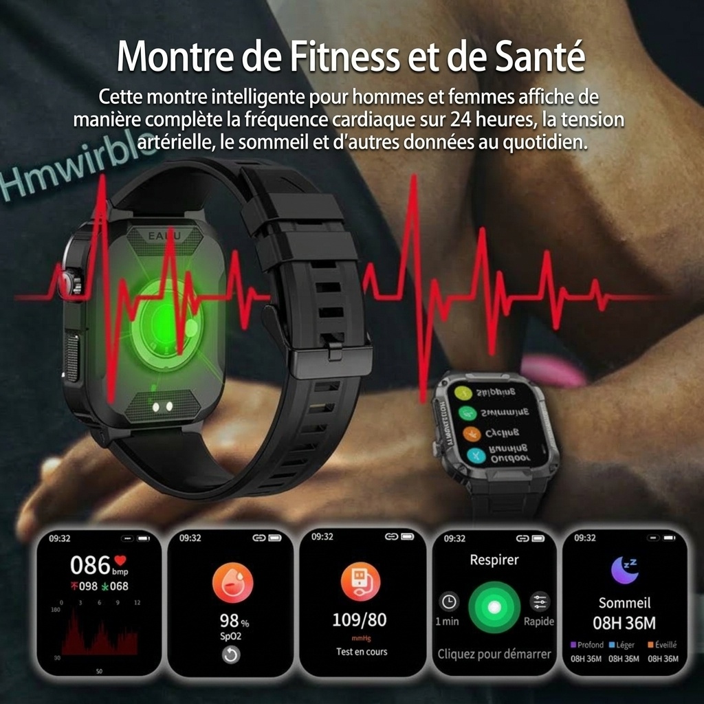 Montre connectée robuste MK66 avec écran HD de 1,85 pouce et appels Bluetooth