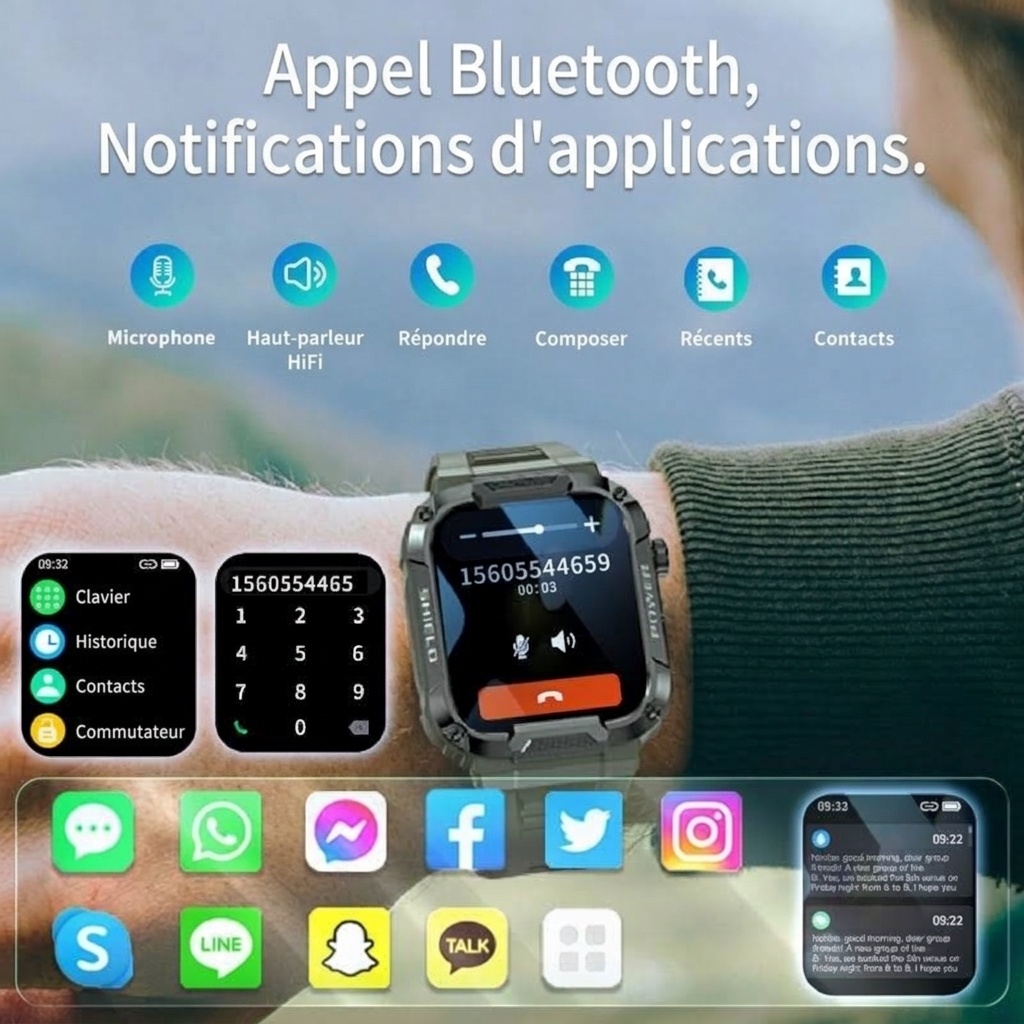 Montre connectée robuste MK66 avec écran HD de 1,85 pouce et appels Bluetooth