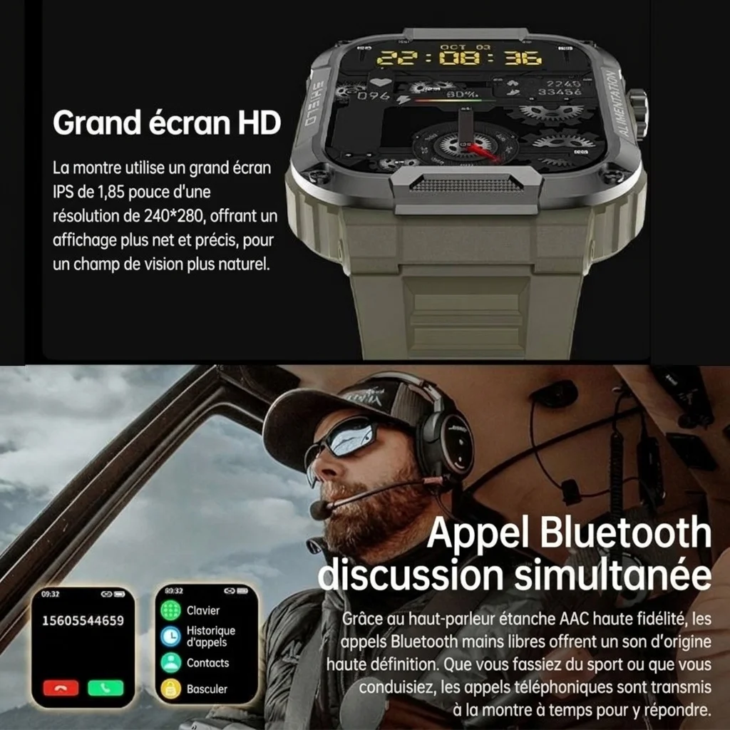 Montre connectée robuste MK66 avec écran HD de 1,85 pouce et appels Bluetooth
