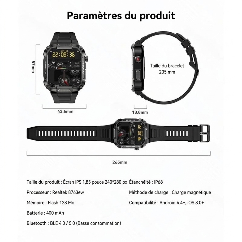 Montre connectée robuste MK66 avec écran HD de 1,85 pouce et appels Bluetooth
