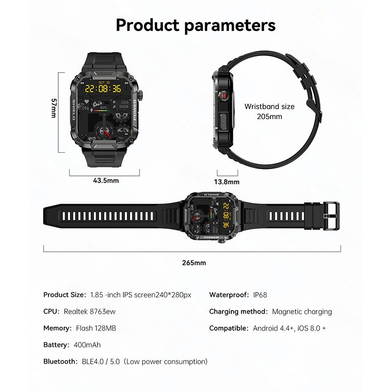 MK66 Rugged Smart Watch with 1.85" HD Screen & Bluetooth Calling