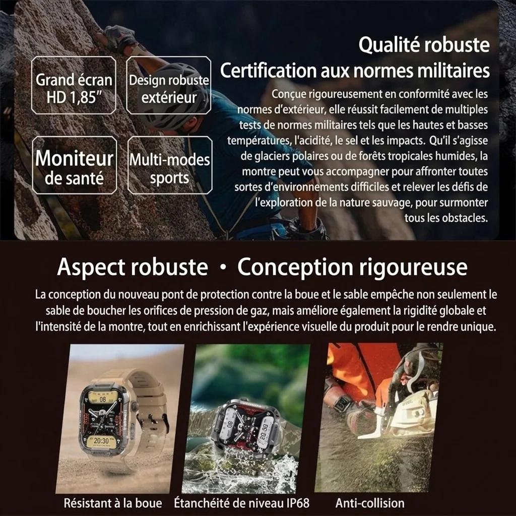 Montre connectée robuste MK66 avec écran HD de 1,85 pouce et appels Bluetooth