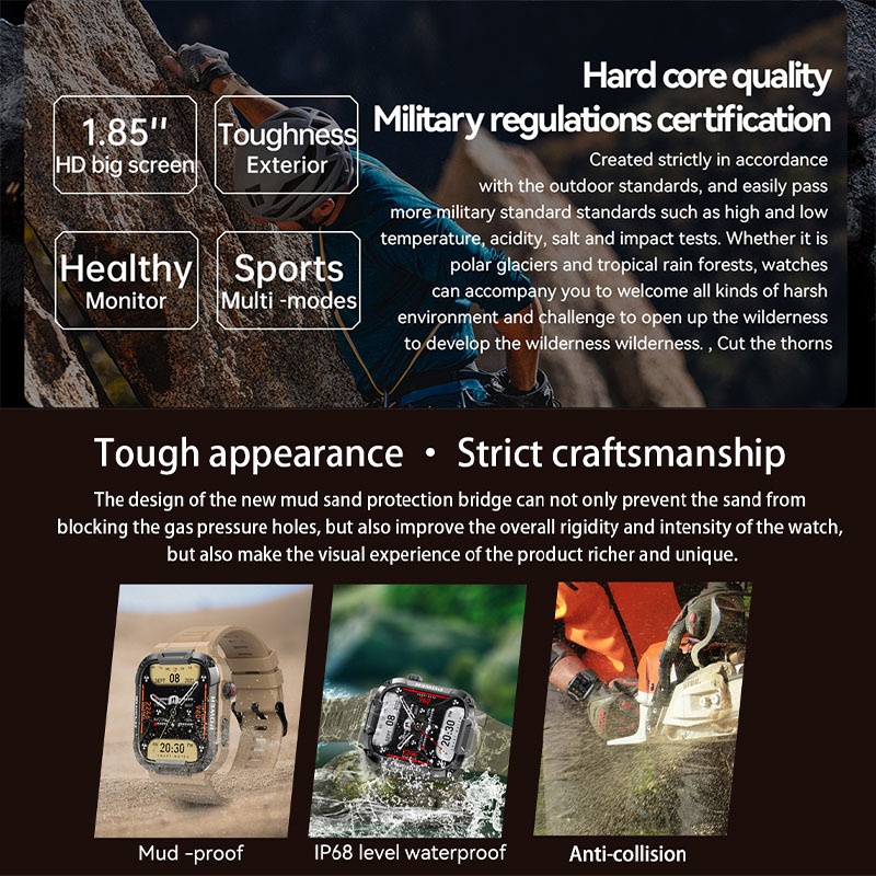 MK66 Rugged Smart Watch with 1.85" HD Screen & Bluetooth Calling