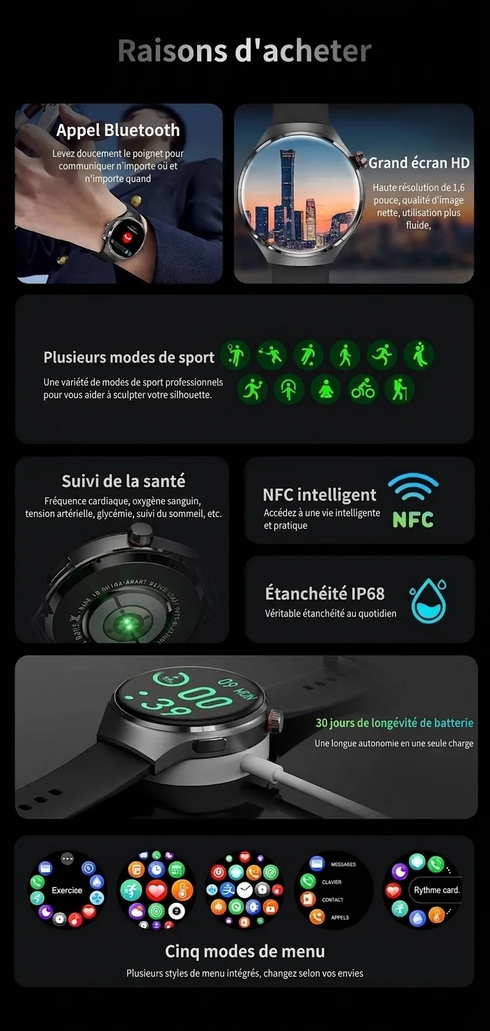Montre connectée GT4 PRO avec écran rond HD, GPS, NFC et appels Bluetooth