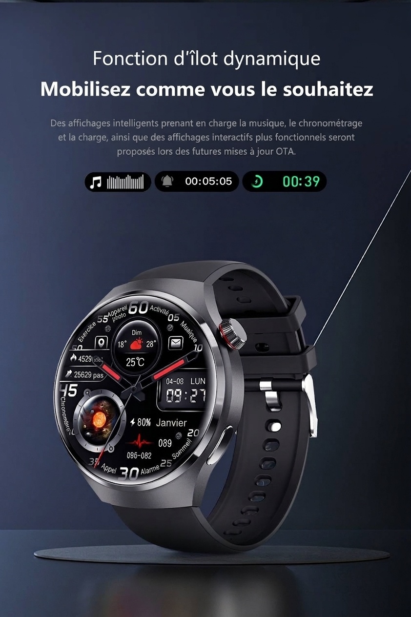 Montre connectée GT4 PRO avec écran rond HD, GPS, NFC et appels Bluetooth