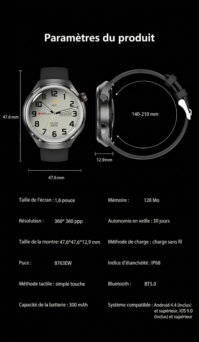 Montre connectée GT4 PRO avec écran rond HD, GPS, NFC et appels Bluetooth
